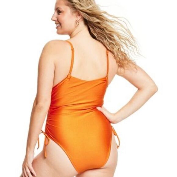 Metallic SideRuched HighLeg Cheeky OnePiece Swimsuit FeNoelxTarget Orange NWT 1X - Picture 5 of 16